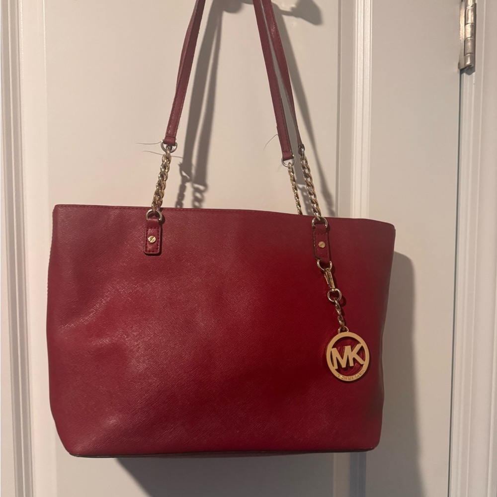 Michael Kors Cherry Red Tote with Gold Accents